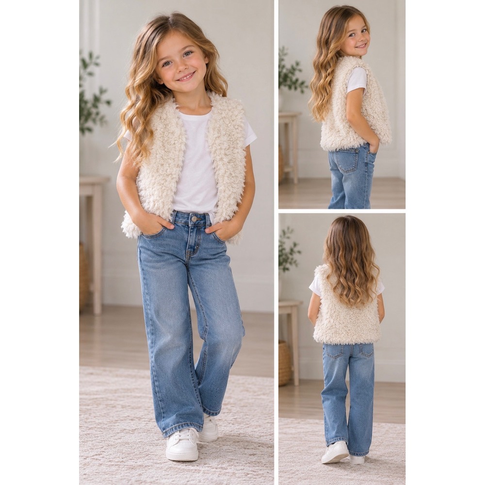 OshKosh B'gosh Girls 6/6X Faux Fur Vest Gray Ivory Plush Open Front